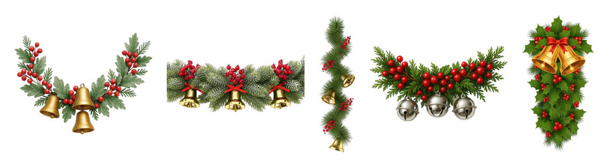 Christmas garland and bell set including various festive swags, arched compositions, and vertical designs isolated. Ideal for holiday decorations and seasonal greetings.