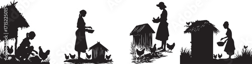 Silhouette of women feeding chickens in rural farm setting vector illustration