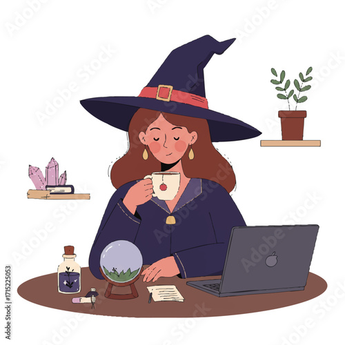 Vibrant 2D flat vector illustration of a modern witch enjoying herbal tea while working on her laptop, with a crystal ball and a spell bottle on her desk in a contemporary home.