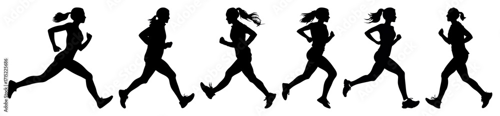 Fototapeta premium PNG Silhouette runners in motion, element set on transparent background