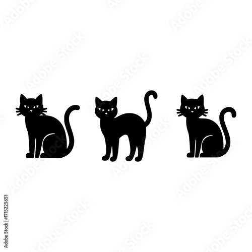 Vector illustration of three black cat silhouettes in various poses, perfect for Halloween, pet-themed designs, or any animal related project.