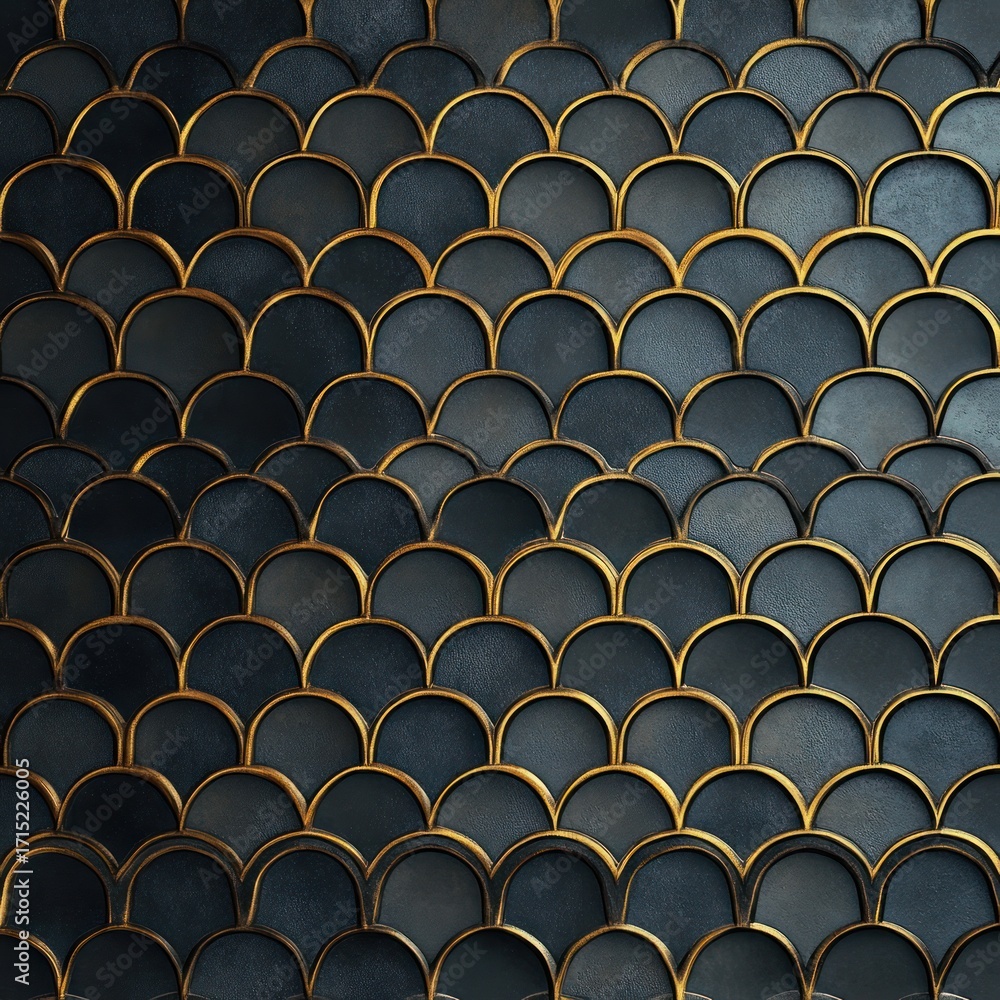 Fototapeta premium Close-up of dark overlapping semi-circular tiles with gold edges creating a textured, elegant pattern with light reflections