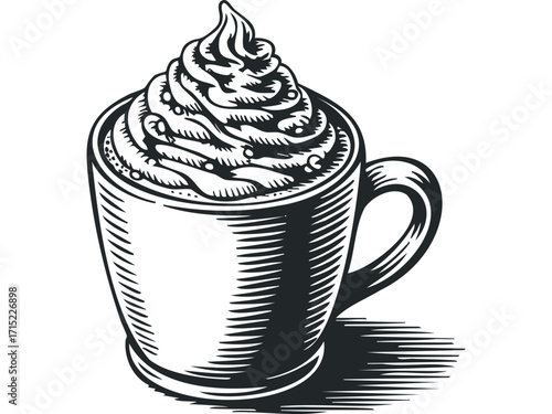 Hot beverage with whipped cream in mug line drawing on transparent background. Vector hand drawn