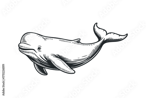 Sketch of a whale swimming on transparent background. Vector hand drawn