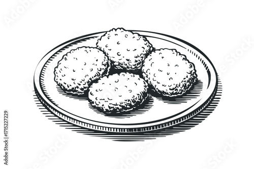 Four crispy fritters on a textured plate ink drawing. Vector hand drawn