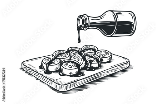 Food preparation of sliced fruit with sauce drizzled from a bottle on a wooden board. Vector hand drawn