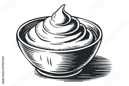 Cream swirl in bowl on white. Vector hand drawn