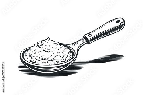 Sketch of a wooden spoon filled with mashed food on transparent background. Vector hand drawn