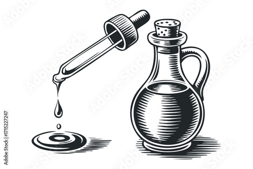 Dropper with liquid falling into a bottle of oil. Vector hand drawn