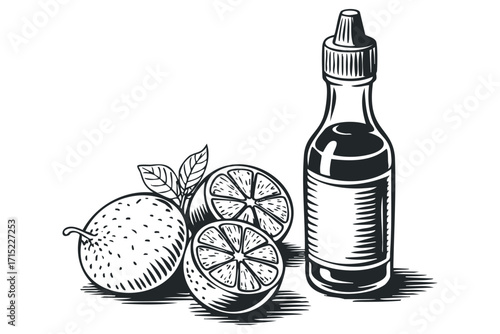 Citrus Fruit With Sauce Bottle. Vector hand drawn
