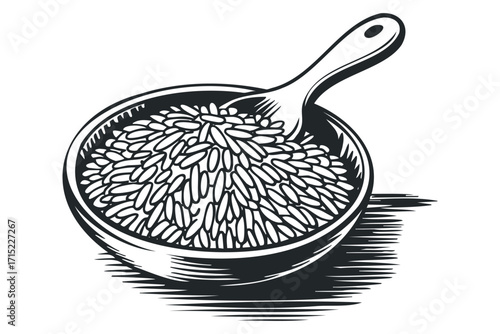 Bowl of rice with spoon, isolated on transparent background. Vector hand drawn