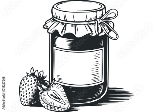 Jar of strawberry jam with fresh fruit on transparent background. Vector hand drawn