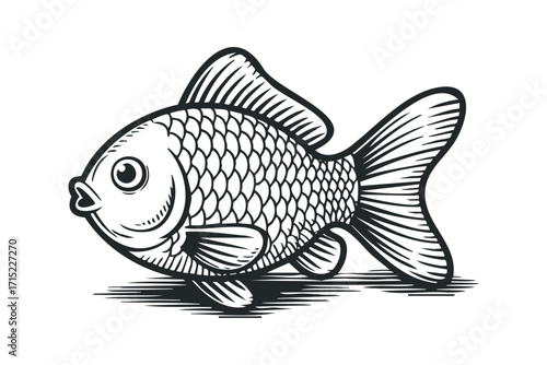 Black and white line art of a goldfish swimming on a transparent background. Vector hand drawn