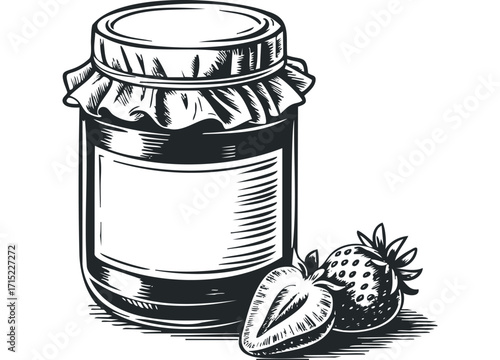 Jar of strawberry jam with whole and halved fruit. Vector hand drawn