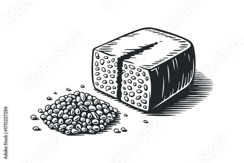 Hand drawn sketch of coffee beans scattered around a halved coffee bean block. Vector hand drawn