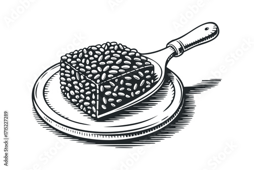 Block of roasted coffee beans served on a plate with a scoop. Vector hand drawn