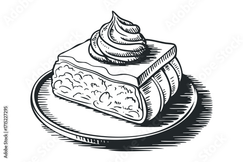 Line drawing of a dessert slice with whipped cream topping on a plate. Vector hand drawn