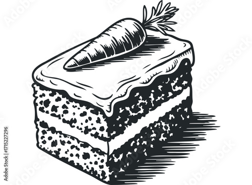 Slice of carrot cake with frosting and carrot on top. Vector hand drawn