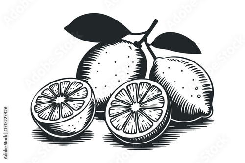 Monochromatic cluster of lemons, with two whole fruit and two halves, on a transparent background. Vector hand drawn