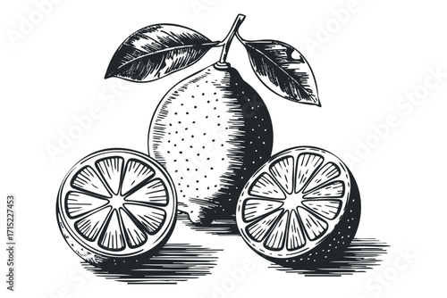 Hand drawn sketch of a whole lemon with leaves and two sliced halves. Vector hand drawn
