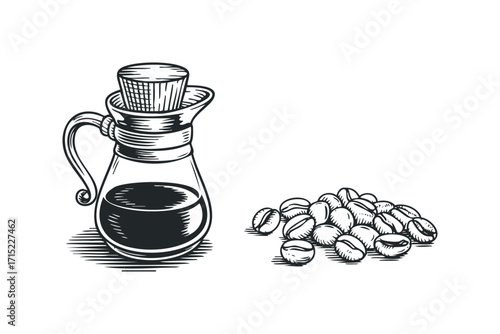 Line drawing of a glass carafe with cork lid filled with dark liquid and pile of coffee beans. Vector hand drawn