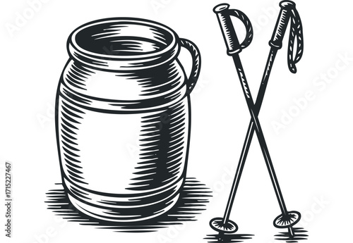 Pewter Milk Can with Ski Poles. Vector hand drawn