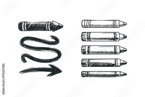 Hand drawn crayon and arrow elements. Vector hand drawn