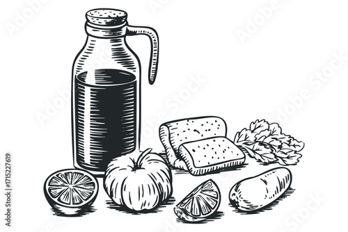 Vintage Hand Drawn Oil Bottle With Citrus And Herbs. Vector hand drawn