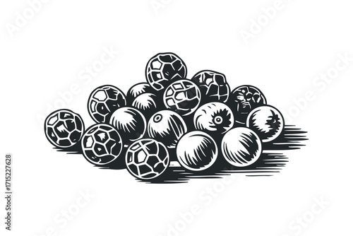 Black peppercorns pile monochrome vector illustration. Vector hand drawn