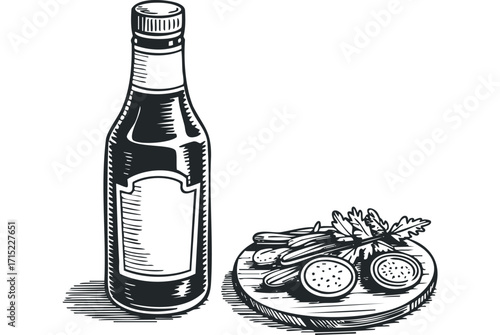 Vintage style sauce bottle with sliced pickles on wooden board. Vector hand drawn