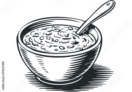 Line Drawing of Oatmeal Bowl with Spoon on Transparent Background. Vector hand drawn