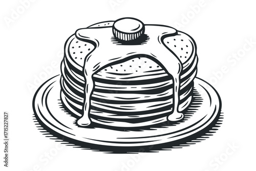 Stack of Pancakes with Drizzled Syrup on Plate. Vector hand drawn