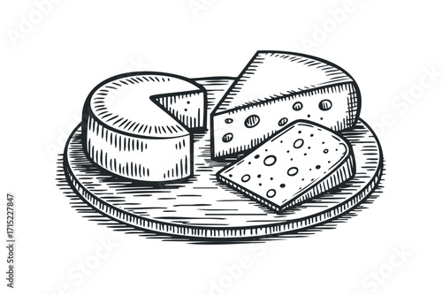 Hand drawn cheese assortment on wooden board transparent. Vector hand drawn