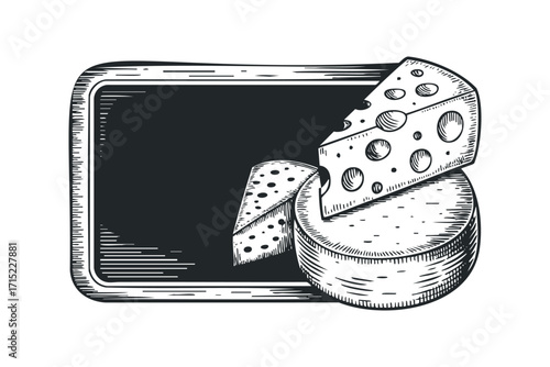 Wooden rectangle with cheese wedges and wheel. Vector hand drawn
