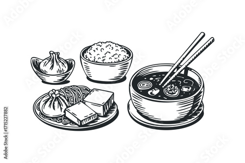 Hand drawn Asian meal set with soup, rice, dumplings, and tofu on transparent background. Vector hand drawn