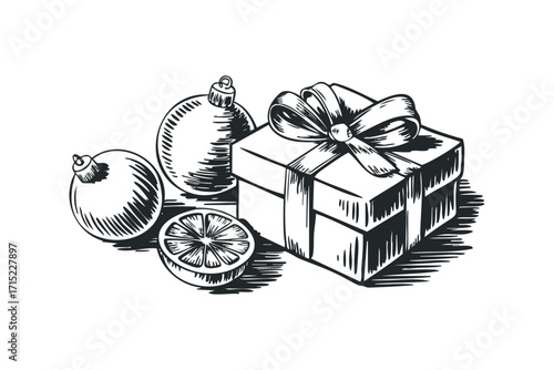 Gift box with ornaments and citrus slice sketched in black and white on transparent. Vector hand drawn