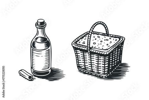 Picnic basket with bottle and cork on transparent background. Vector hand drawn
