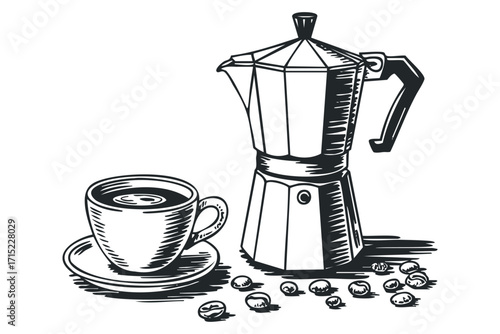 Espresso maker with coffee cup and beans. Vector hand drawn