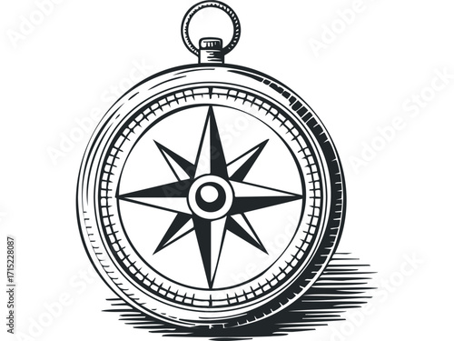 Detailed etched compass with directional rose on transparent. Vector hand drawn