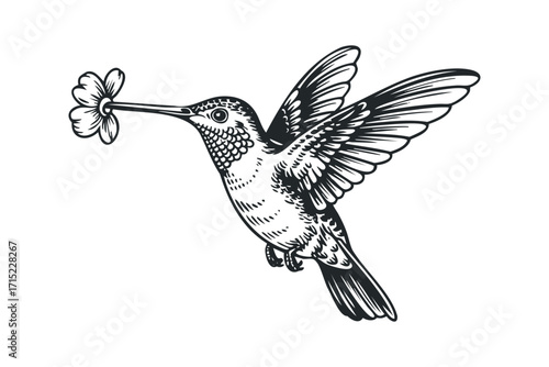 Hummingbird holding flower on transparent. Vector hand drawn