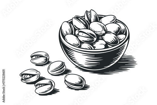 Pistachios in a bowl on transparent background. Vector hand drawn