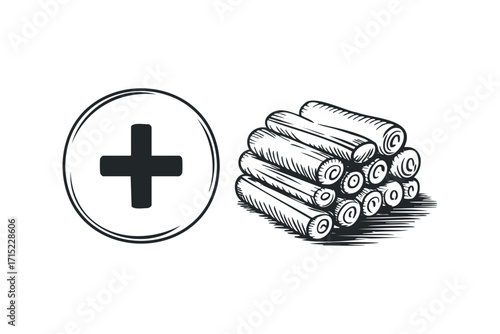Isolated stack of rolled scrolls with a plus symbol in a circle. Vector hand drawn