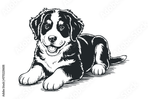Happy Bernese Mountain Dog Puppy Lying Down Isolated. Vector hand drawn