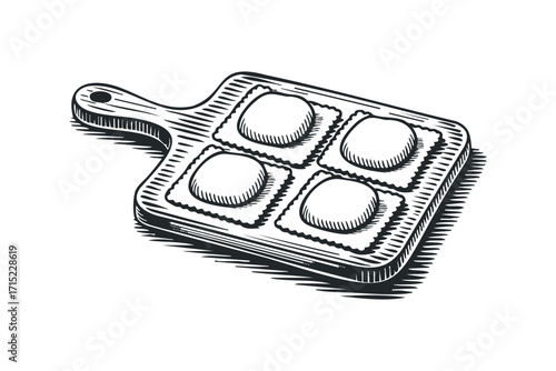 Hand drawn ravioli on wooden board. Vector hand drawn