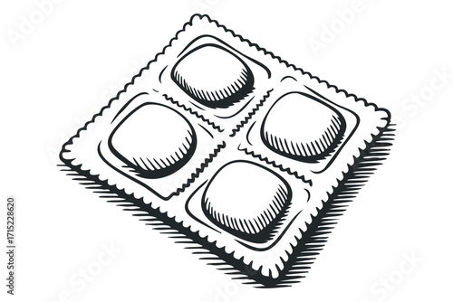 Hand Drawn Ravioli Pasta Packaging Graphic. Vector hand drawn