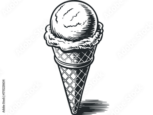 Ice cream cone with textured scoop and waffle cone isolated. Vector hand drawn