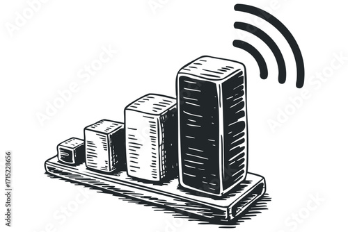 Graph bars and signal waves drawing on transparent background. Vector hand drawn