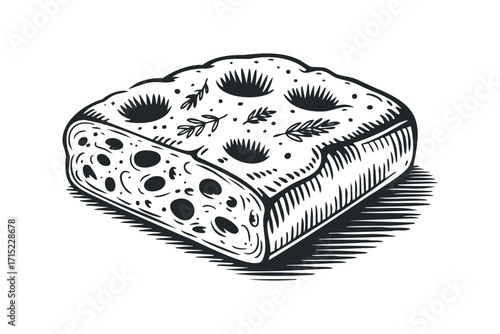 Hand drawn engraved focaccia loaf with herb sprigs. Vector hand drawn