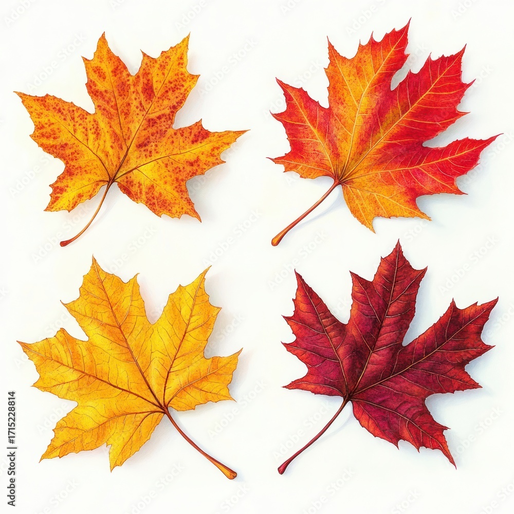 Obraz premium Four autumn maple leaves in vibrant shades of yellow, orange, and red arranged on a white background, showcasing detailed veins and seasonal transition beauty