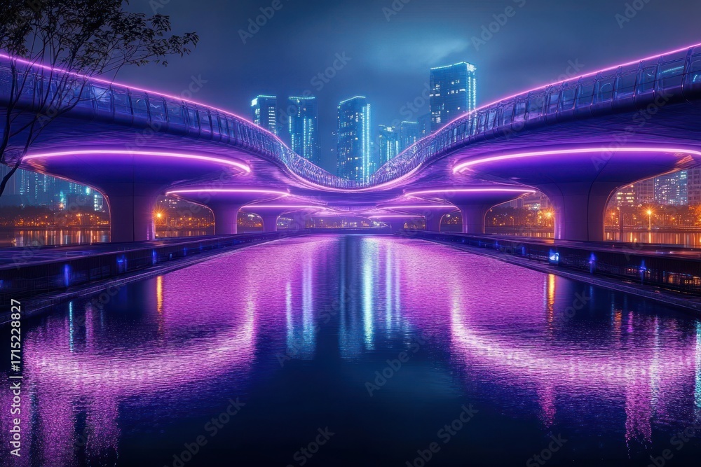 Obraz premium Futuristic cityscape at night with a glowing purple neon-lit bridge reflecting on calm water below and tall modern buildings in the background under a misty sky